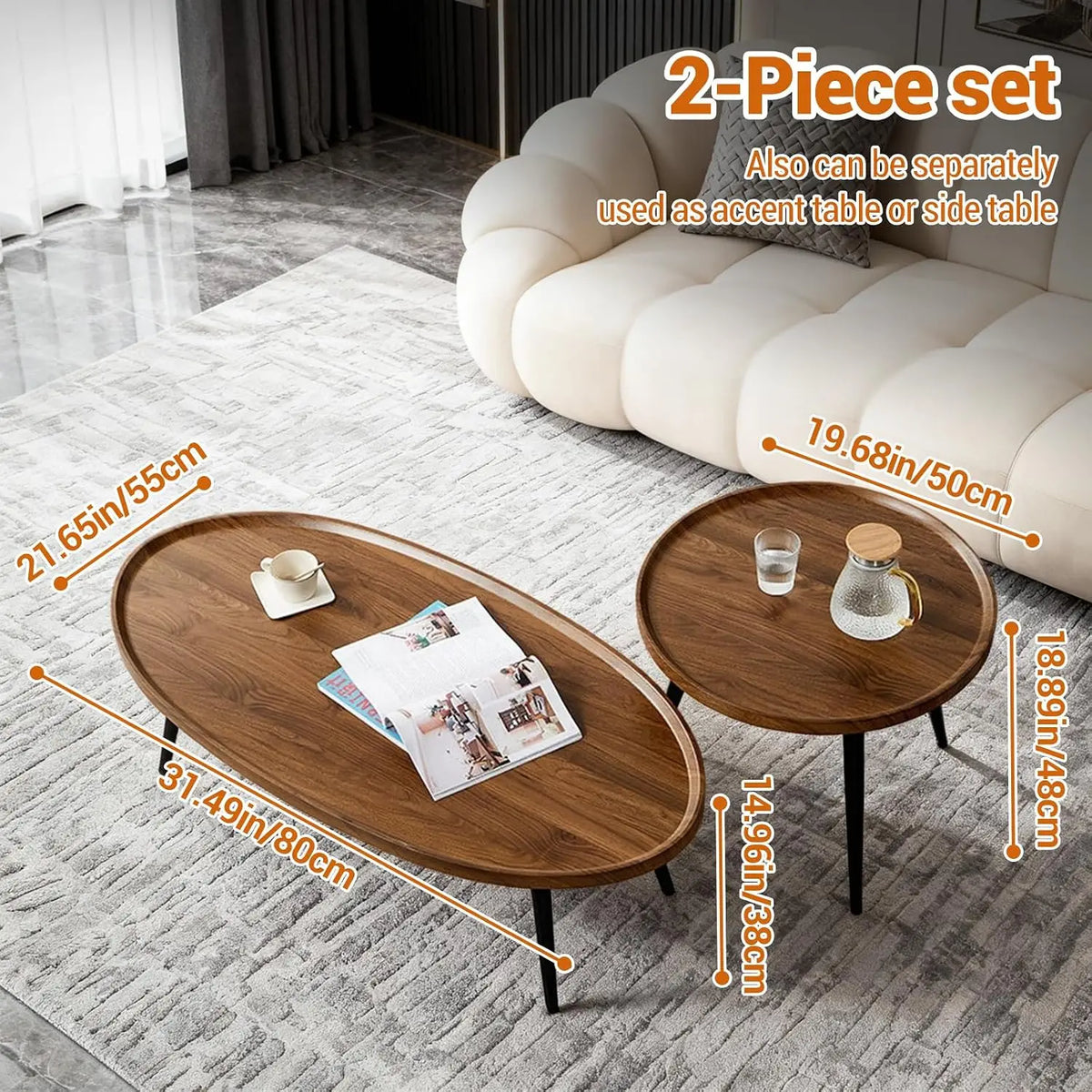 Two wooden coffee tables with dimensions labeled in a living room setting.