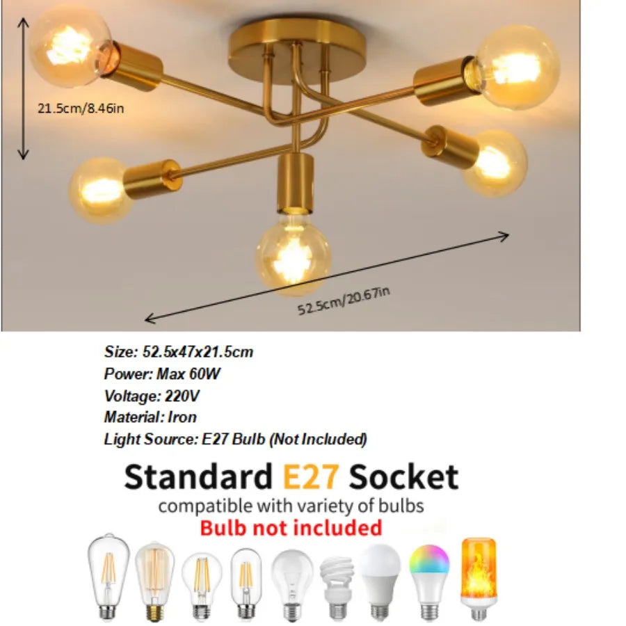 A six-light brass ceiling fixture with clear glass bulbs, shown with dimension arrows and text specifying size, power, voltage, and material. The image includes a white lower section with product specs and a row of bulb icons noting that the bulb is not included.