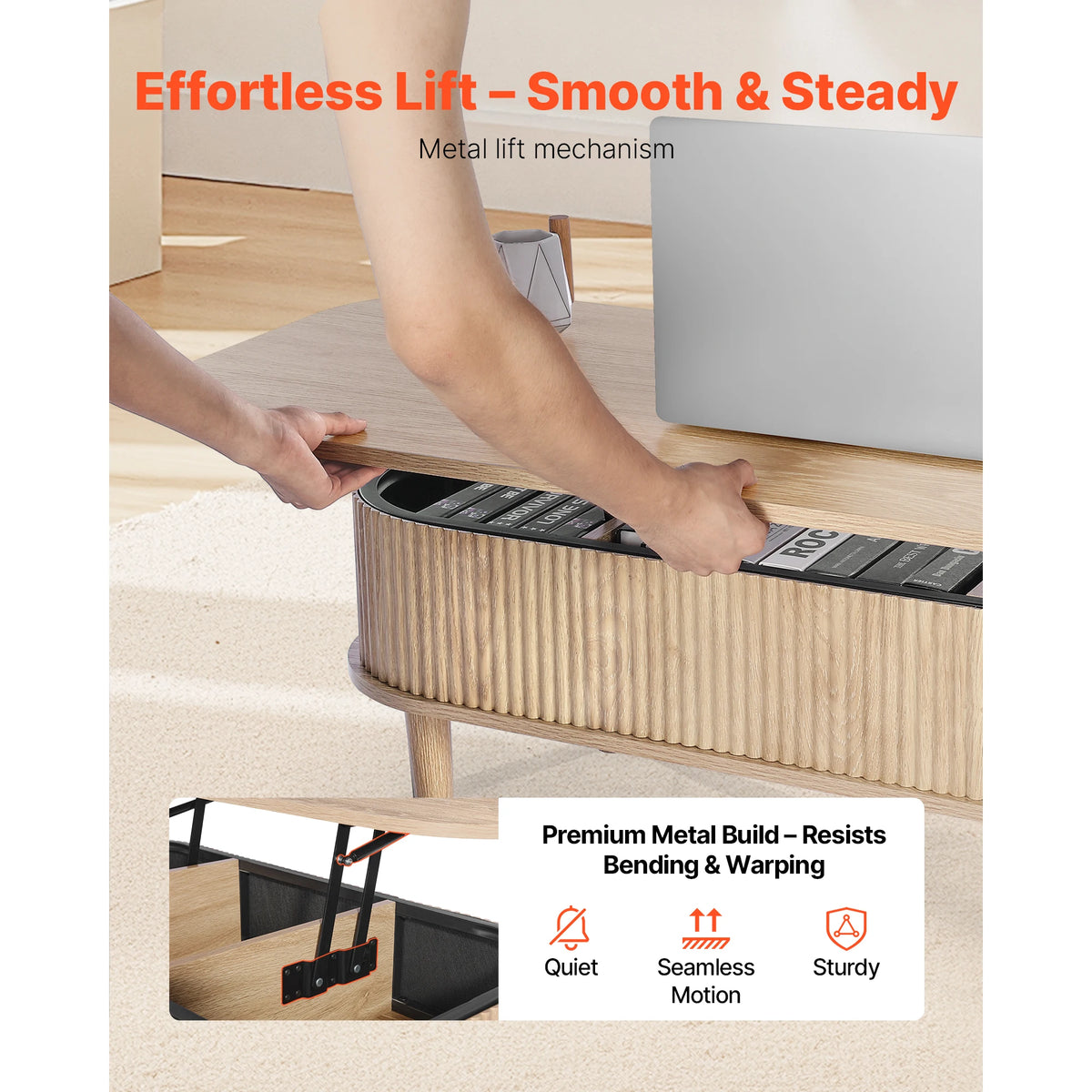 Person lifting a drawer with text highlighting metal lift mechanism and premium metal build features.