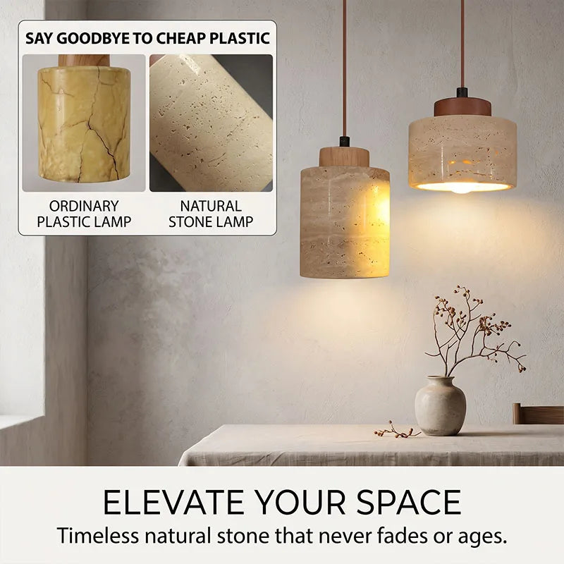 Natural stone pendant lamps in a modern interior setting with text highlighting their durability.