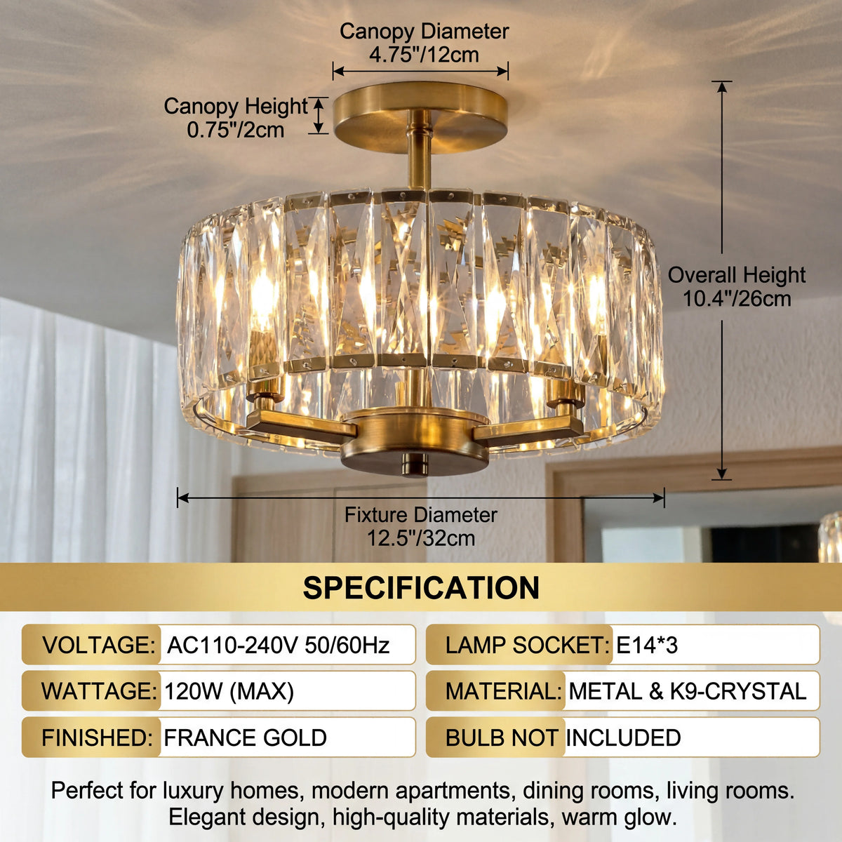 Chandelier with measurements and specifications displayed on a white background