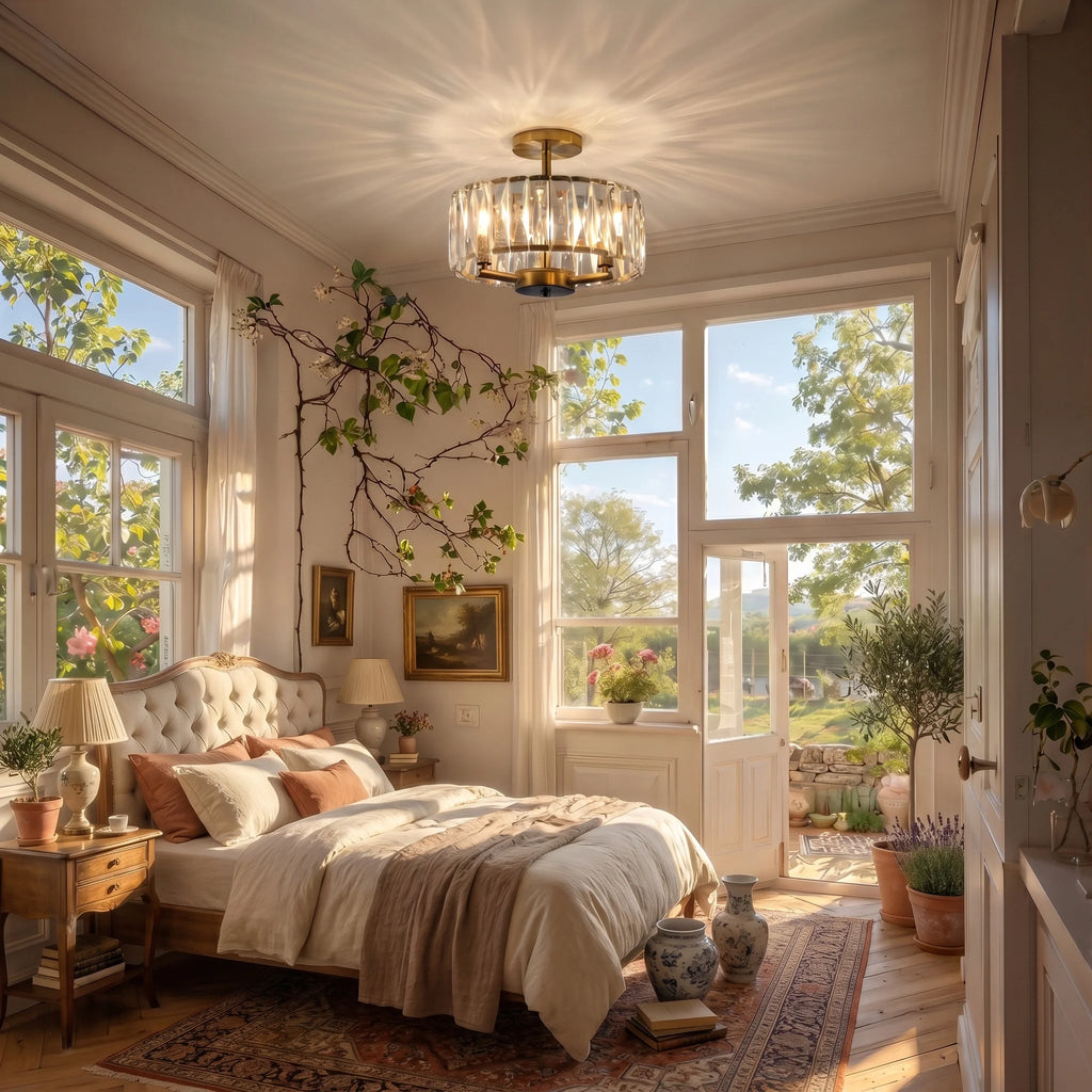 Sunlit bedroom with large windows, bed, and decorative elements.