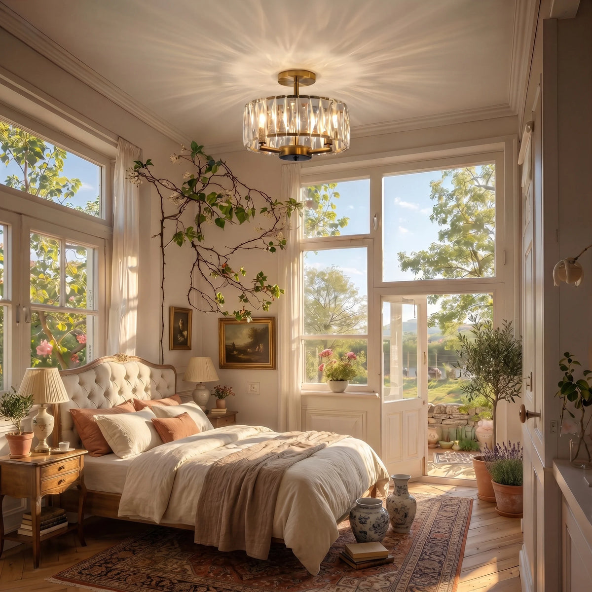 Sunlit bedroom with large windows, bed, and decorative elements.