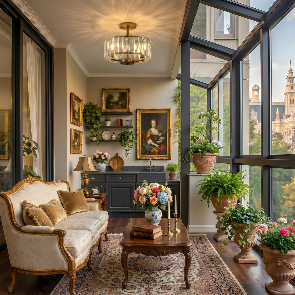 Luxurious living room with classical decor, large windows, and decorative plants.