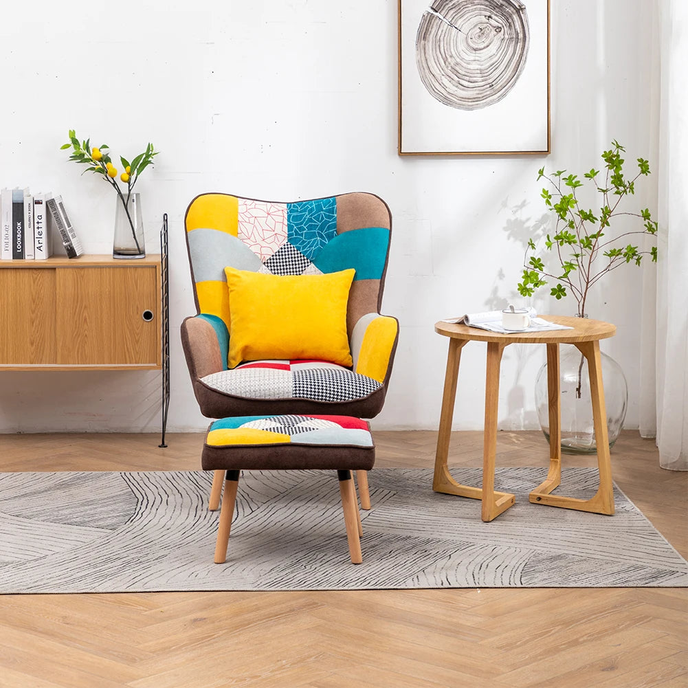 Multicoloured Wingback Armchair with Footstool