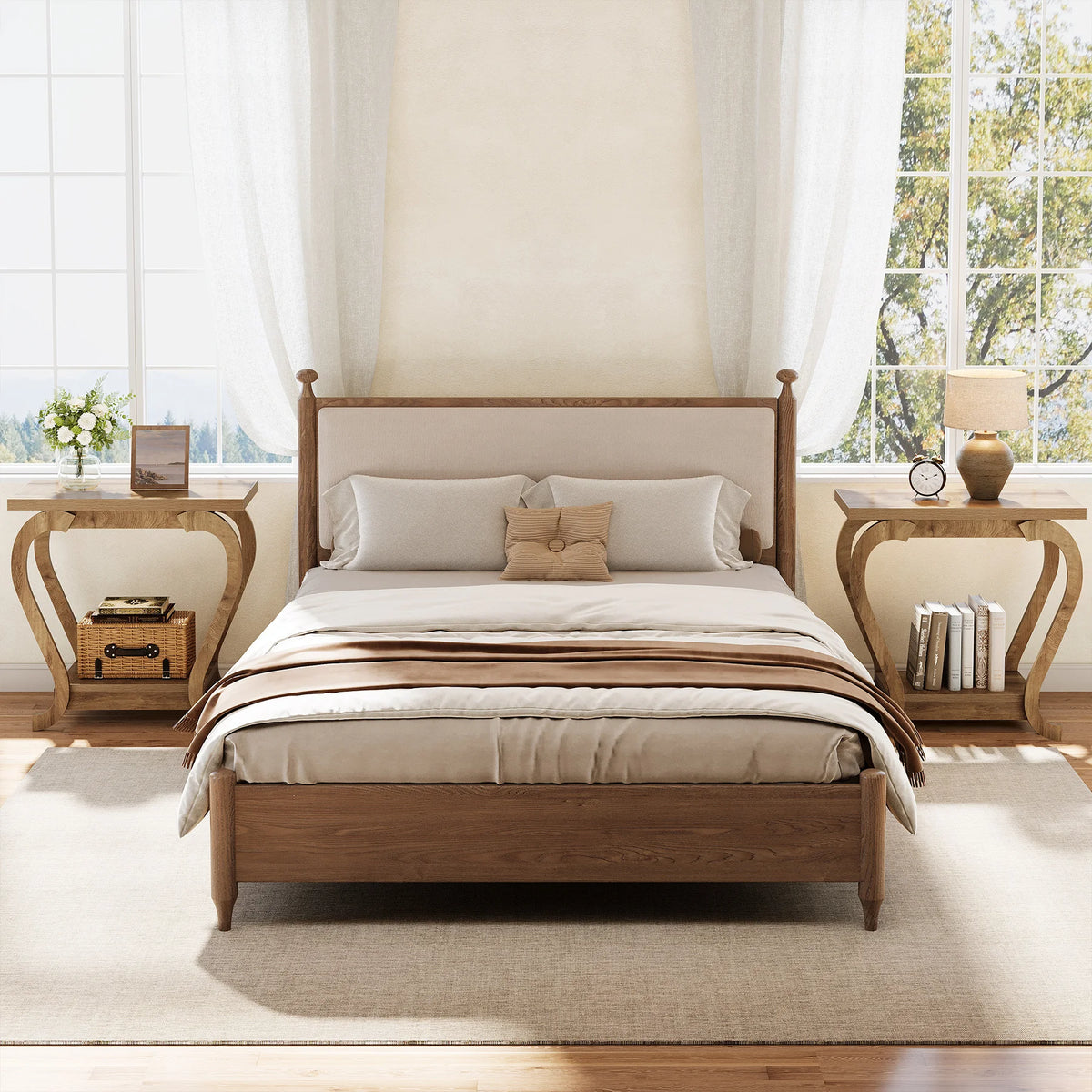 Wooden bed with beige bedding in a bright bedroom with large windows.