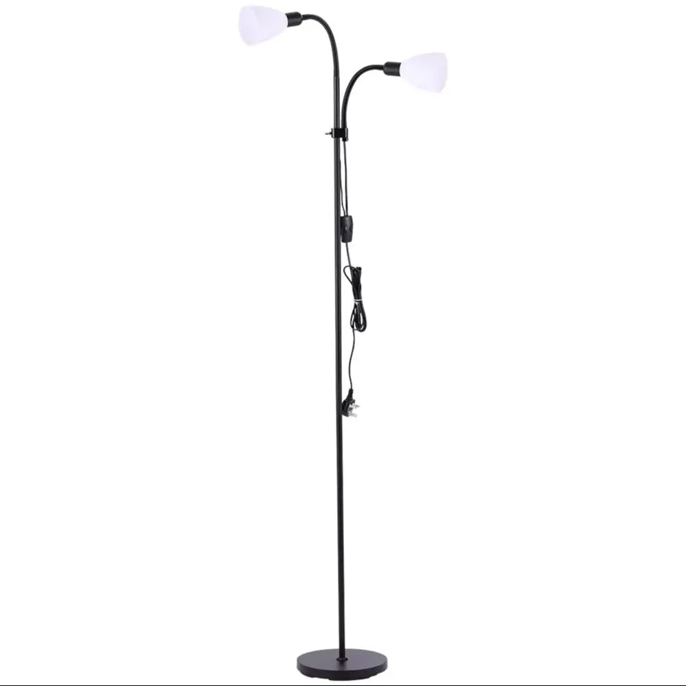 A black dual-arm floor lamp with two adjustable gooseneck arms and white conical shades, shown on a plain white background.