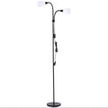 A black dual-arm floor lamp with two adjustable gooseneck arms and white conical shades, shown on a plain white background.