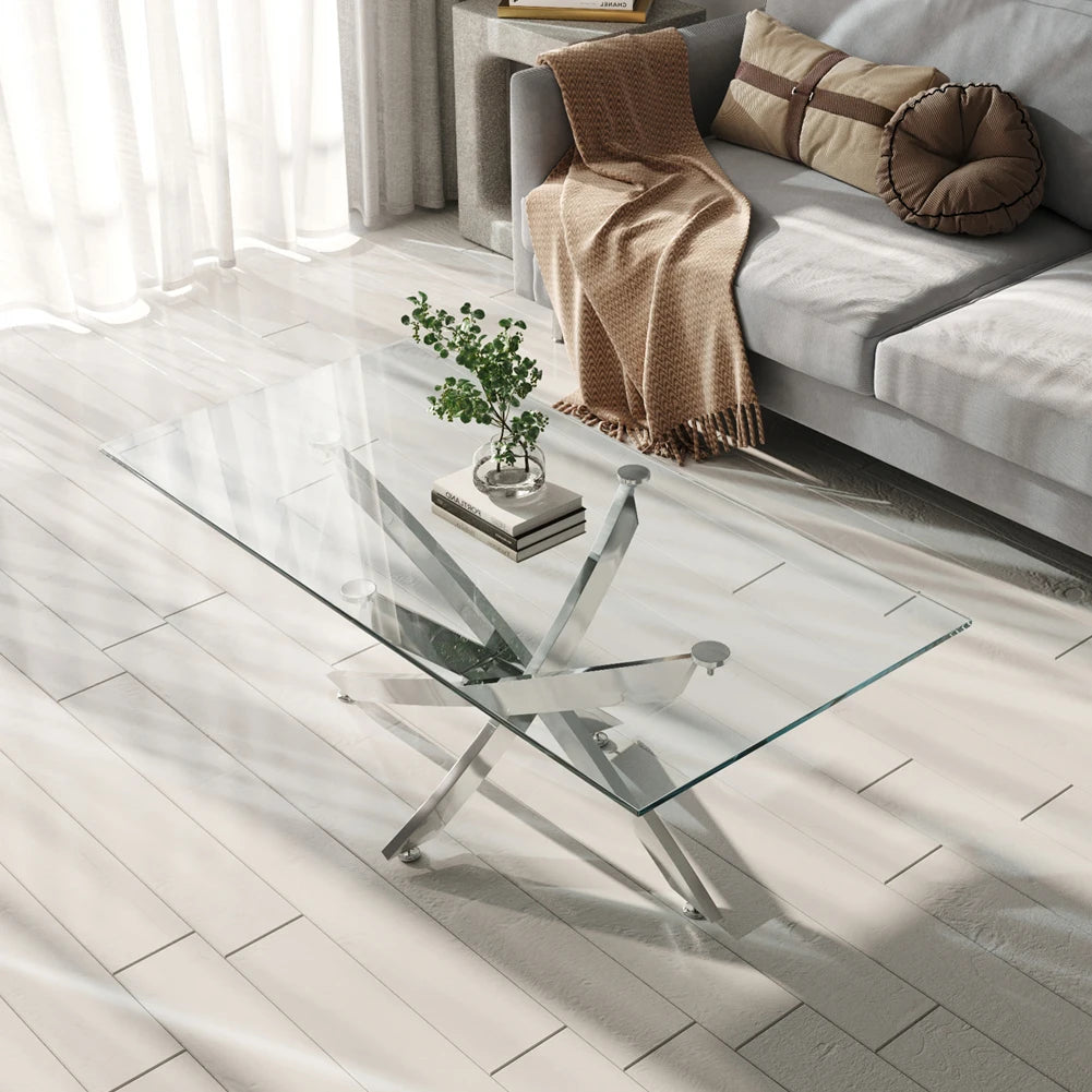 Breeins Modern Clear Glass Coffee Table with Stainless Steel X-Base – Rectangular Contemporary Living Room Table