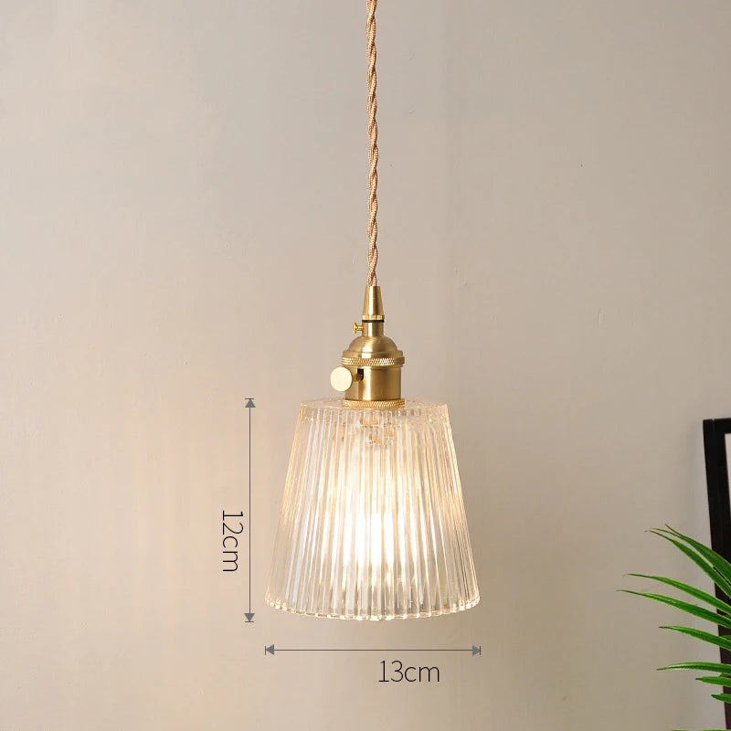 Vintage Ribbed Glass Pendant Light with Brass Finish