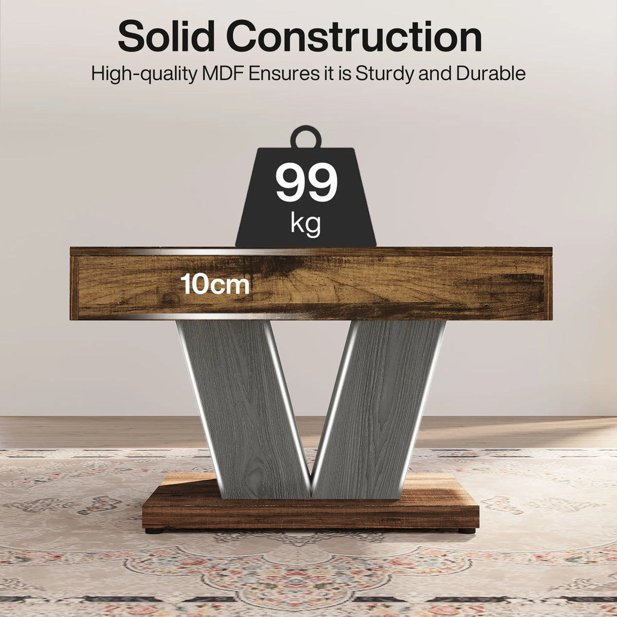 A rustic wooden coffee table with a V-shaped gray wood base with a weight of 99 kg showing the solid construction of the coffee table 