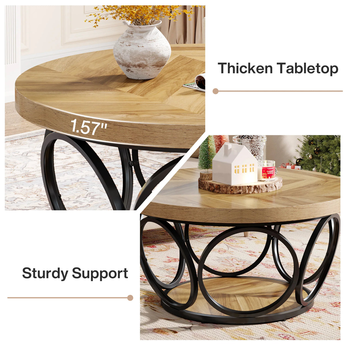 Round Rustic Wooden Coffee Table with 2-Tier Storage