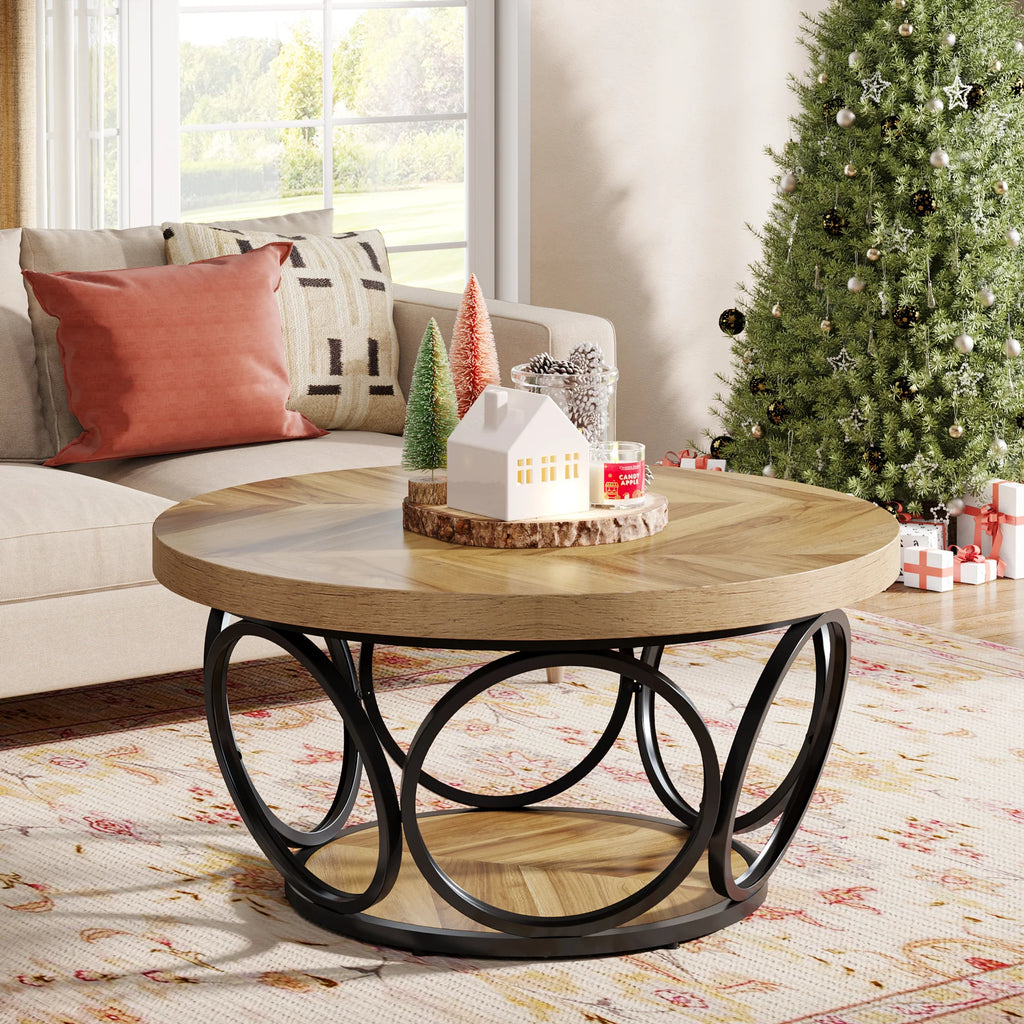 Round Rustic Wooden Coffee Table with 2-Tier Storage – Venust Living