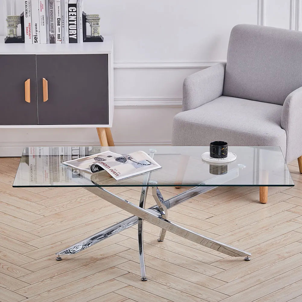 Breeins Modern Clear Glass Coffee Table with Stainless Steel X-Base – Rectangular Contemporary Living Room Table