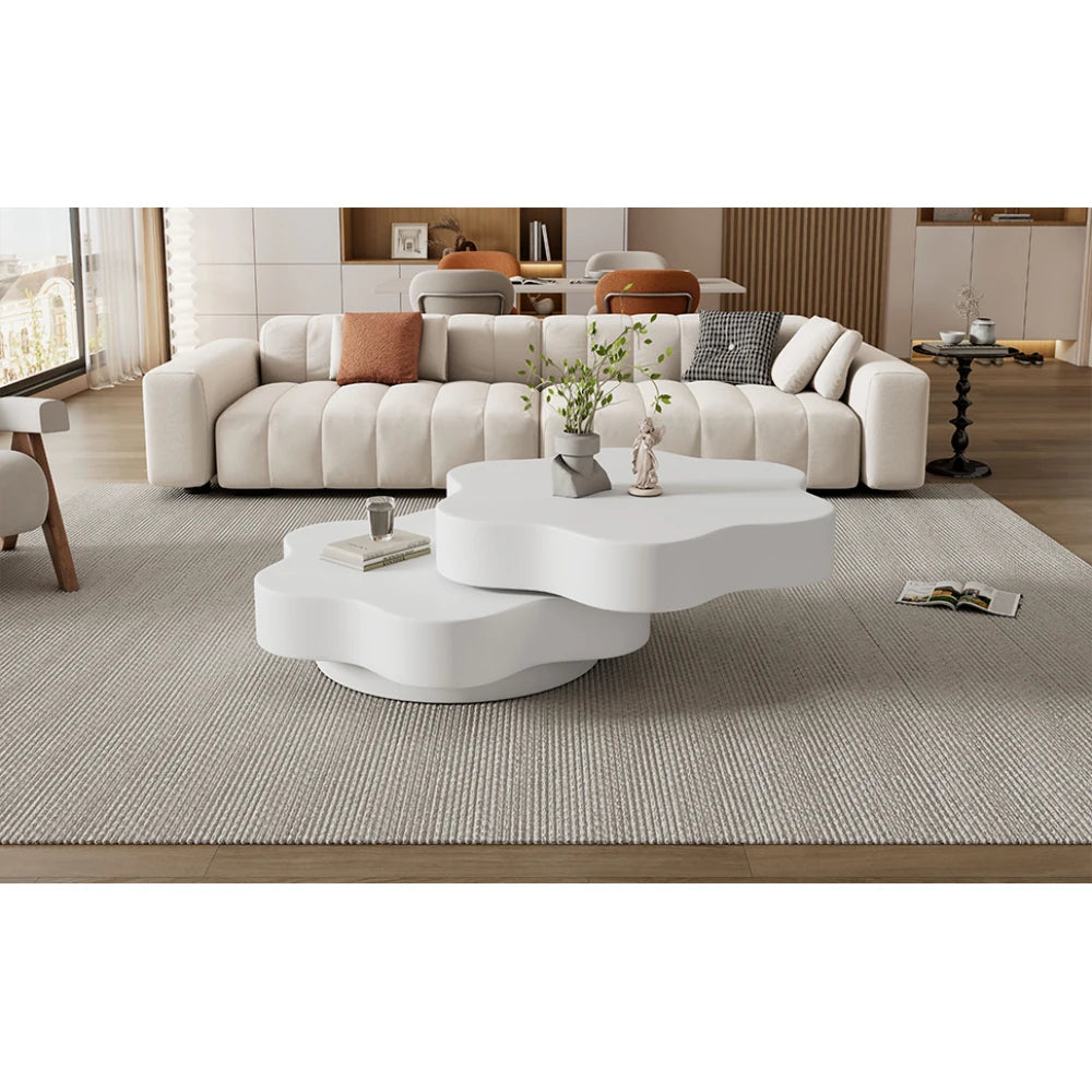PINGGO Flower-Shaped Rotating Coffee Table - 2-Tier White MDF Rotating End Table & Sofa Side Table
