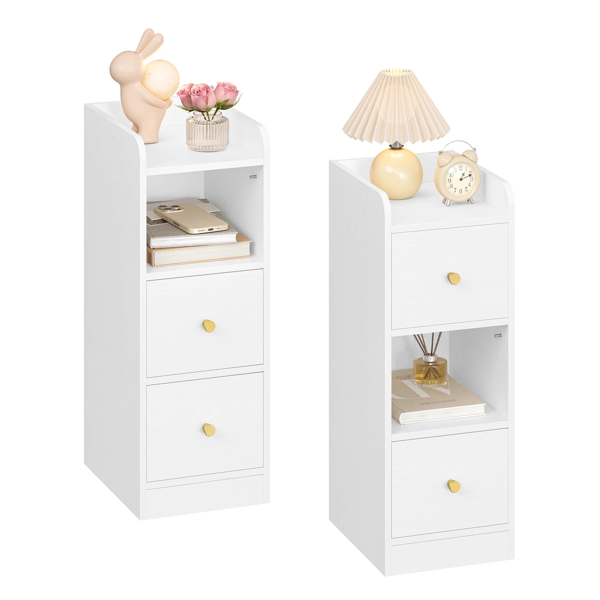 Slim Narrow Bedside Table with 2 Drawers & Open Shelf | Adjustable