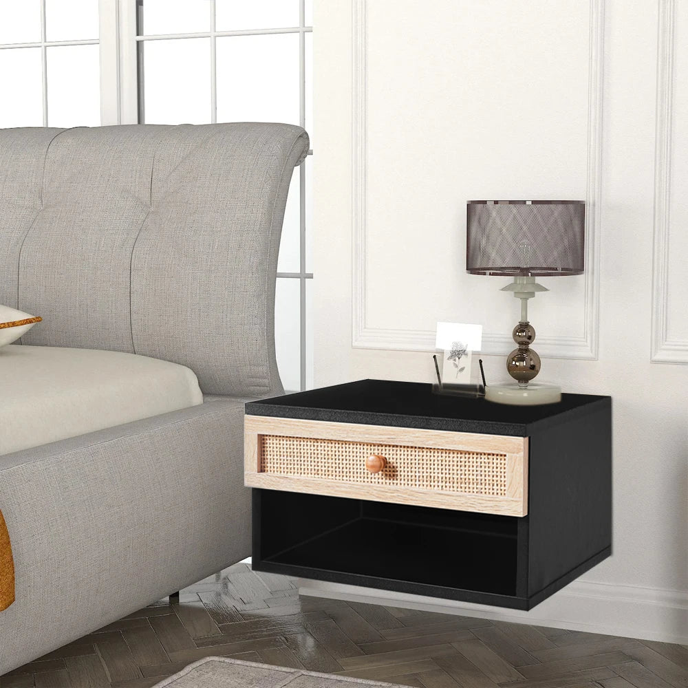 Floating Wall Mounted Bedside Table with Rattan Drawer