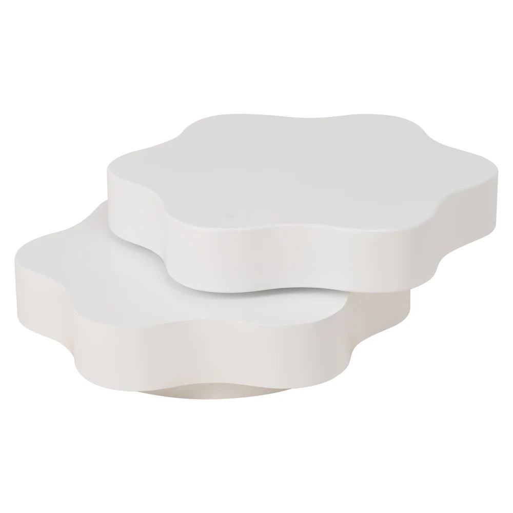 PINGGO Flower-Shaped Rotating Coffee Table - 2-Tier White MDF Rotating End Table & Sofa Side Table