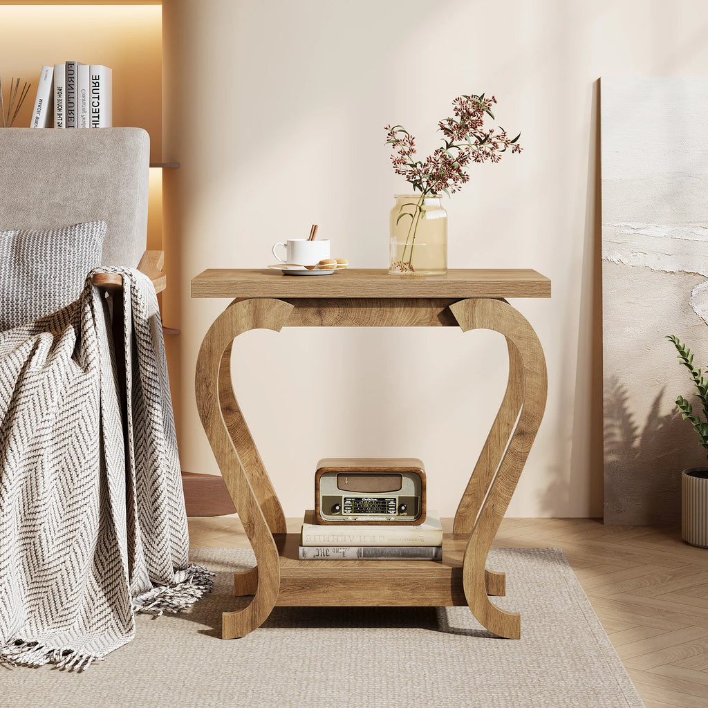 Wooden side table with decorative items in a cozy living room setting