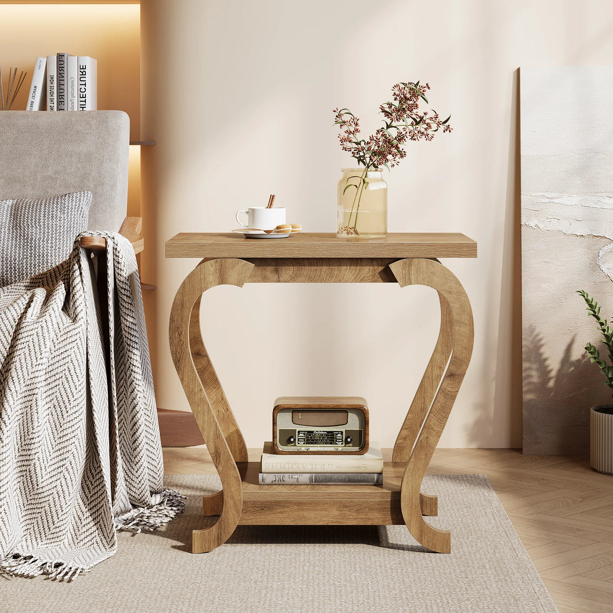 Wooden side table with decorative items in a cozy living room setting