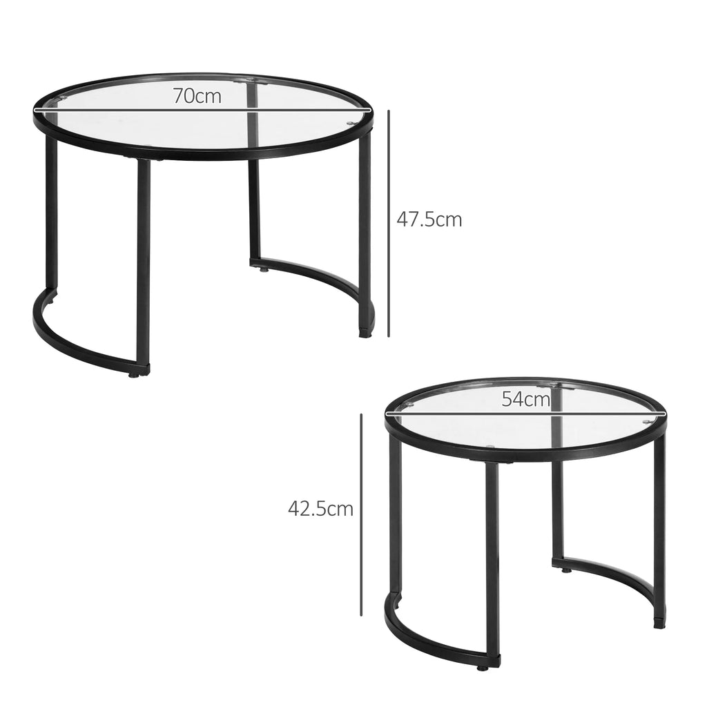 Two round glass tables with black metal frames and dimensions labeled on a white background.