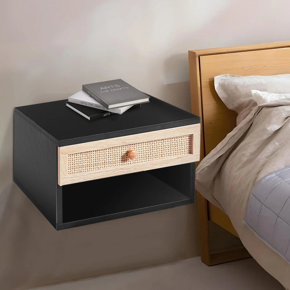 Floating Wall Mounted Bedside Table with Rattan Drawer