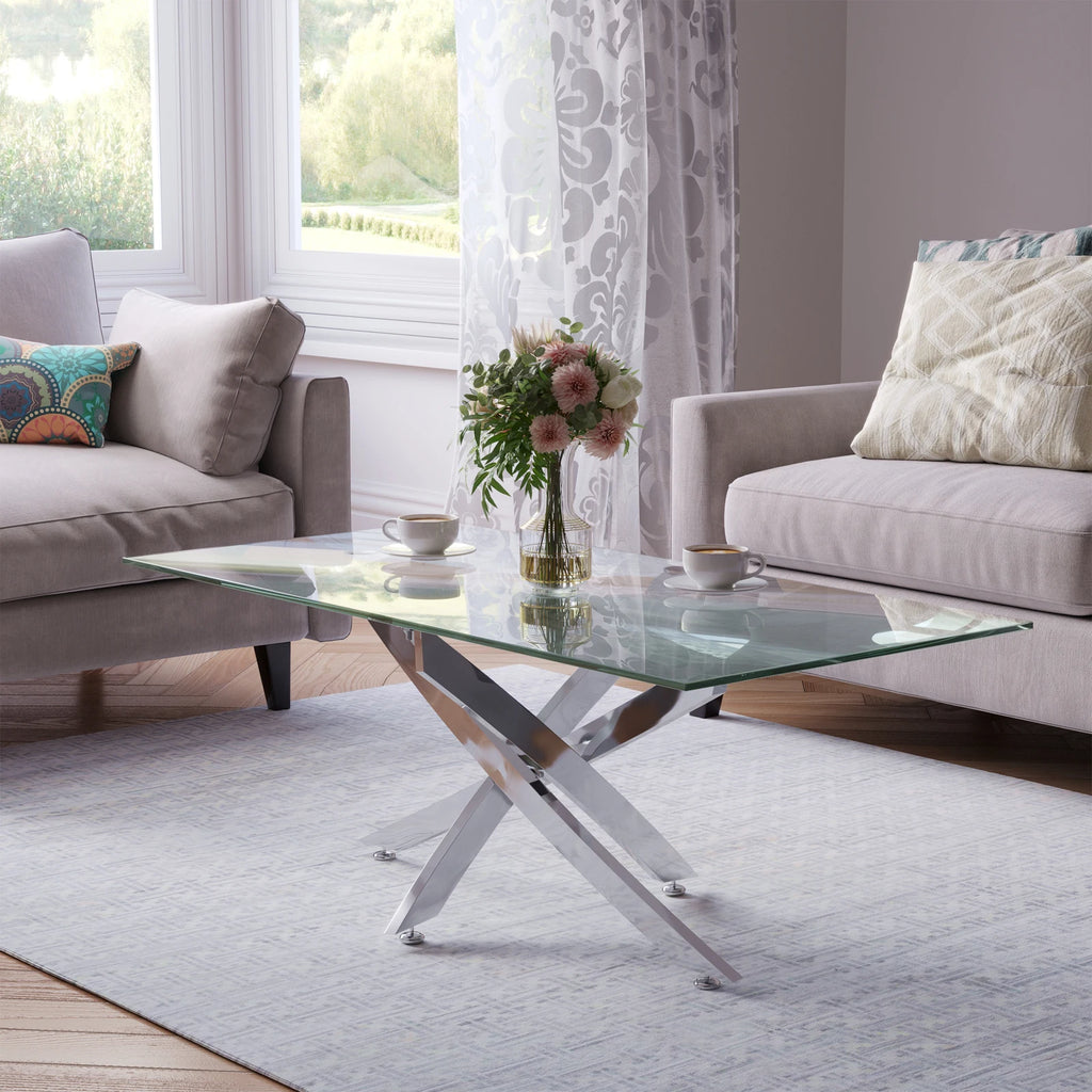 Breeins Modern Clear Glass Coffee Table with Stainless Steel X-Base – Rectangular Contemporary Living Room Table