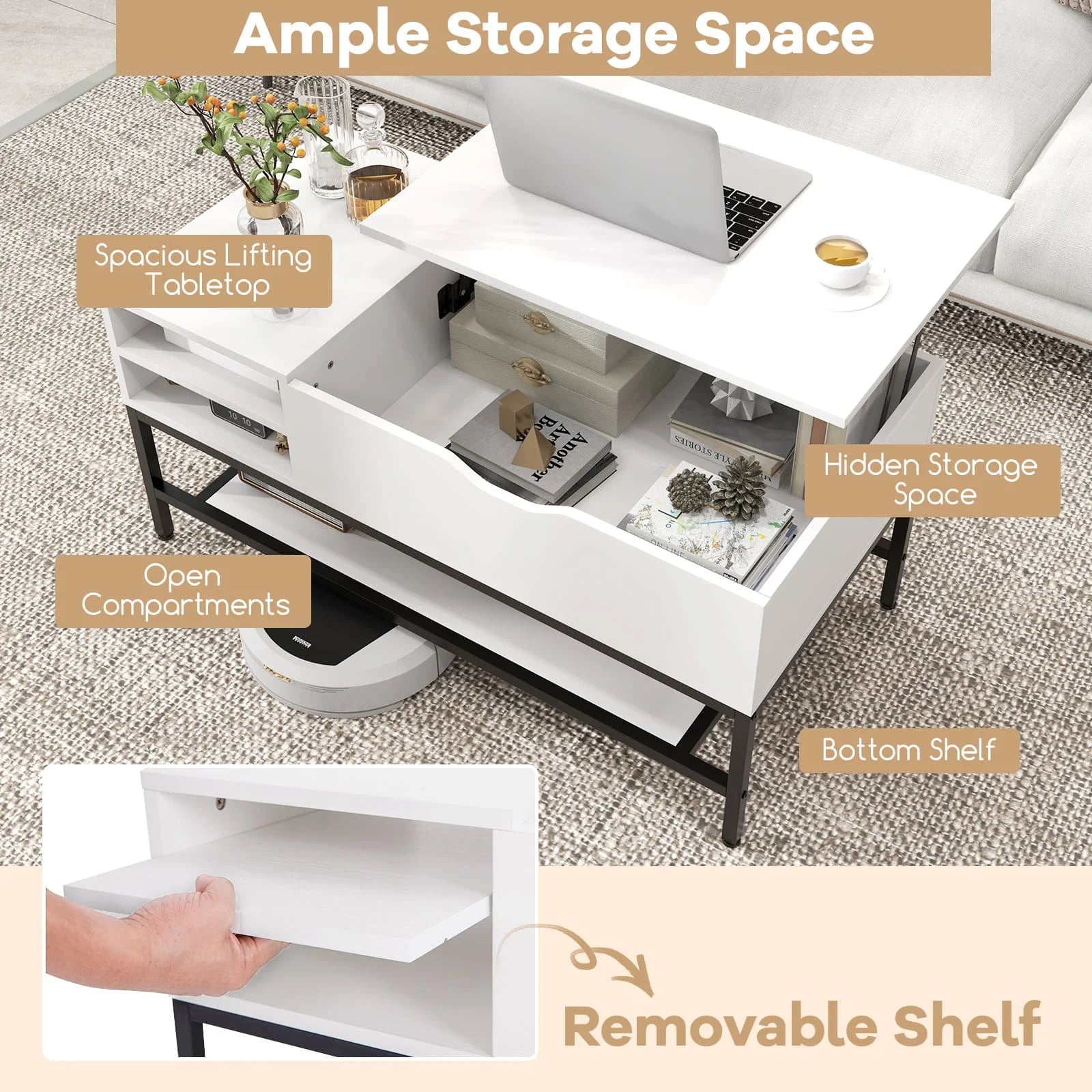 White Lift Top Coffee Table with Storage - Modern Lift-Up Living Room Table