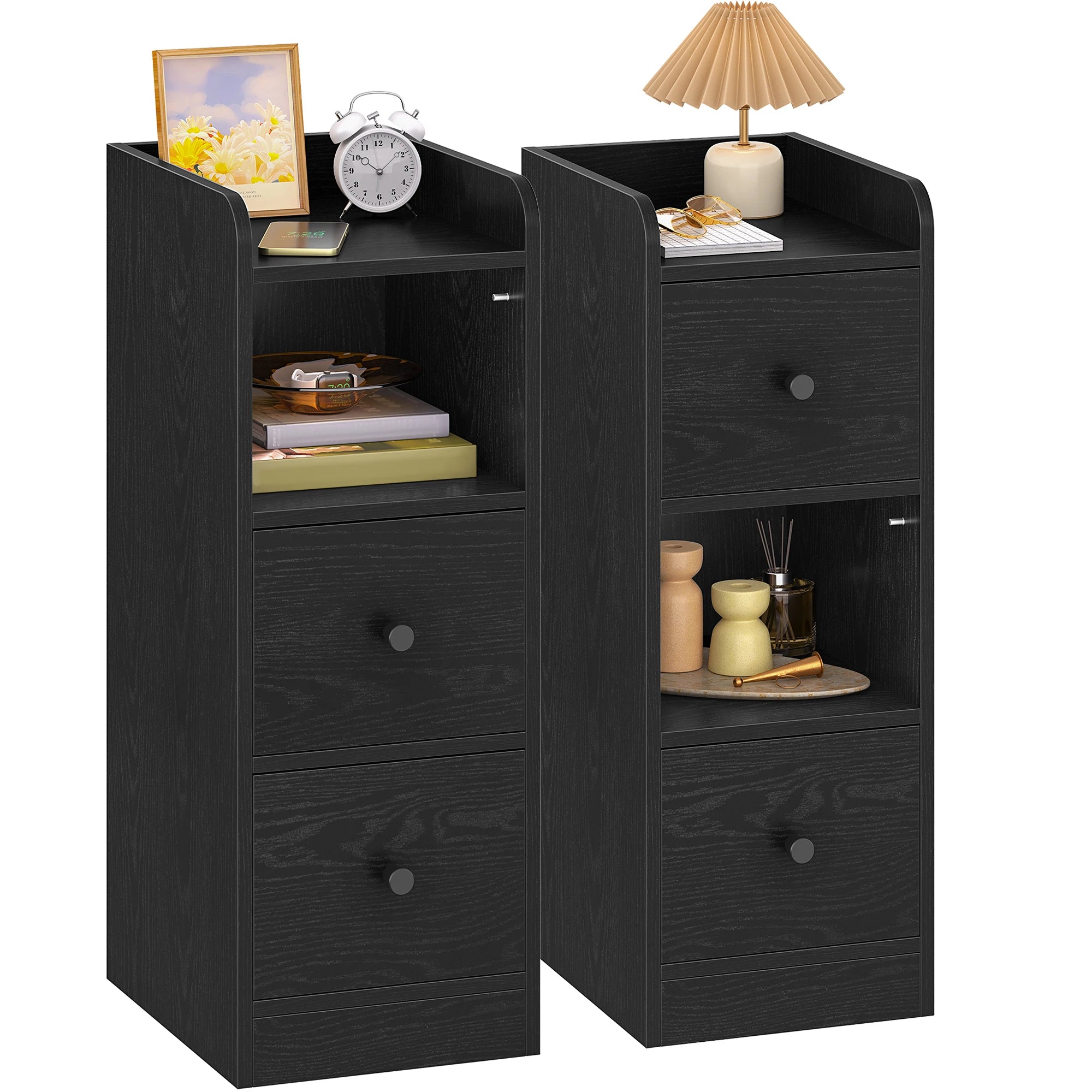 Slim Narrow Bedside Table with 2 Drawers & Open Shelf | Adjustable
