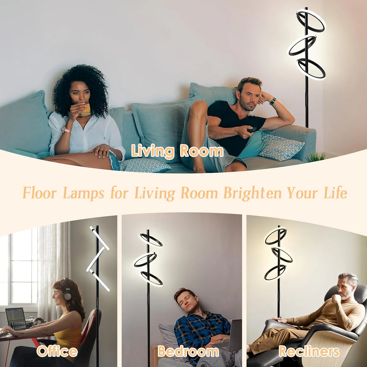 A promotional collage for spiral floor lamps showing the lamp in use in a living room, office, bedroom, and recliner setting. The main panel shows a couple on a sofa in a living room, with text reading 'Living Room' and 'Floor Lamps for Living Room Brighten Your Life.