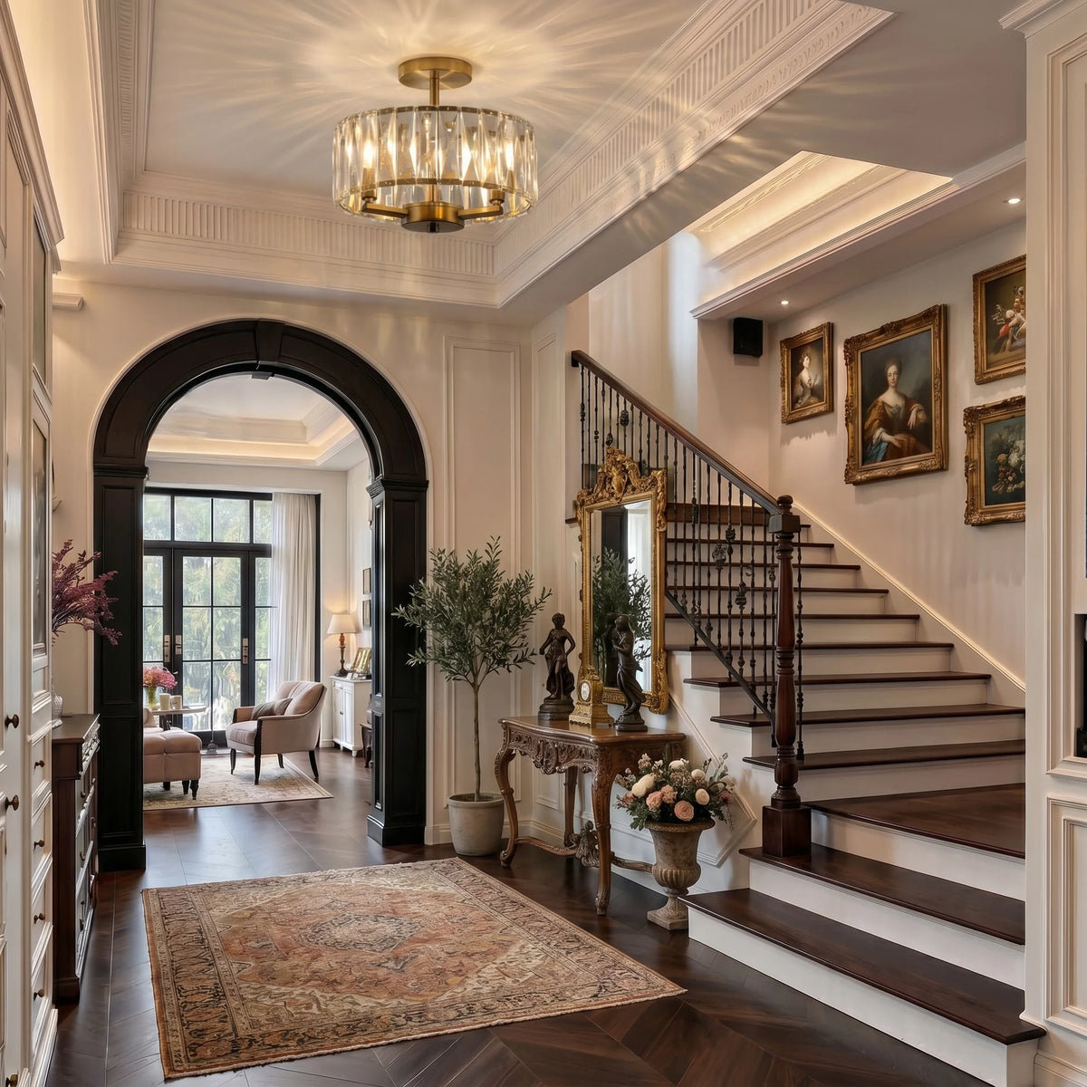 Luxurious staircase in a home with decorative elements and artwork.