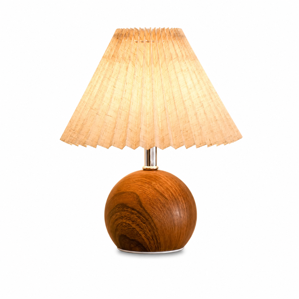 A table lamp with a pleated beige fabric shade, a polished reddish-brown wooden sphere base, and a small gold metal collar, shown against a plain white background.
