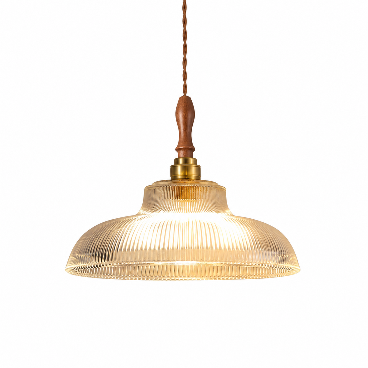 Vintage glass pendant lamp with warm light.