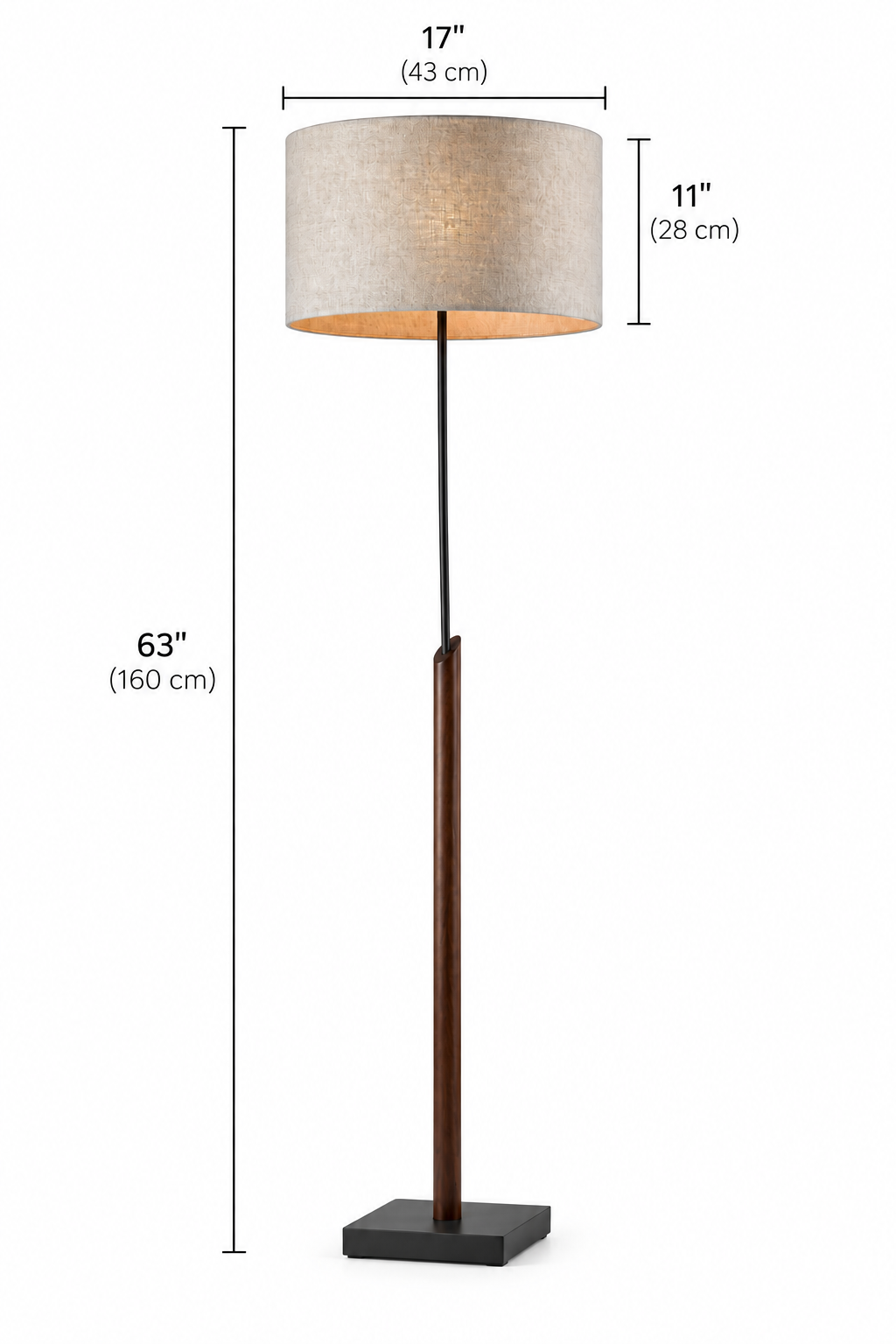 A floor lamp with a drum shade, dark wood central stem, and square base on a white background, overlaid with height dimension lines and text showing 63 inches total, 17 inches wide, and 11 inches shade height.