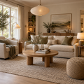 Modern neutral living room with a cream sofa, oak coffee table and coordinated pendant, floor and table lighting.