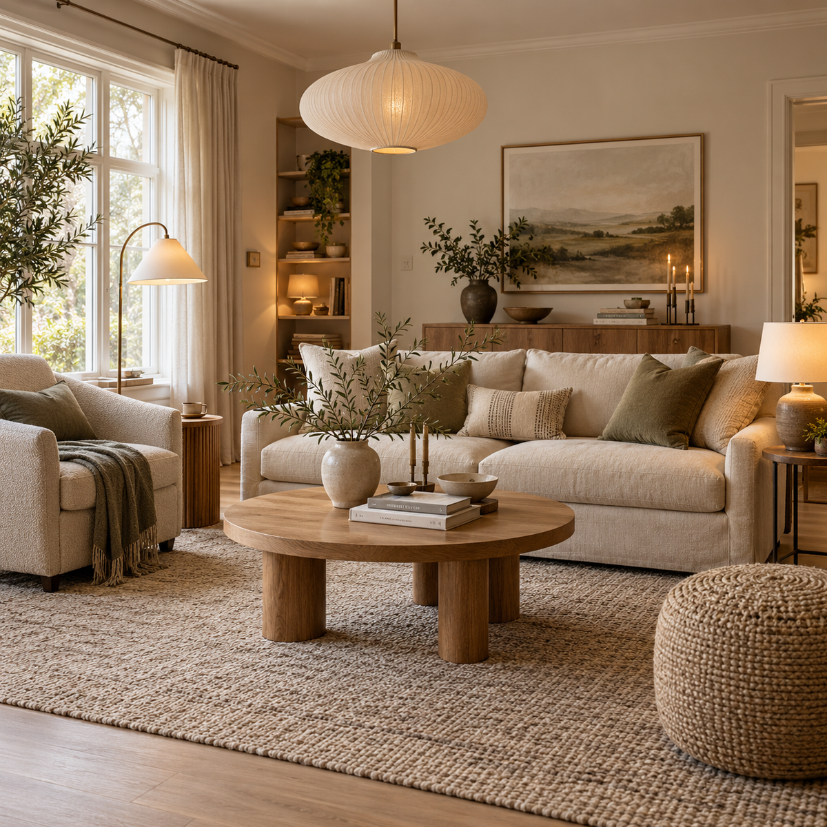 Modern neutral living room with a cream sofa, oak coffee table and coordinated pendant, floor and table lighting.