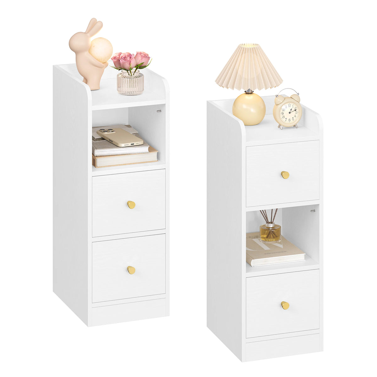 Two white bedside table displayed on a white background 