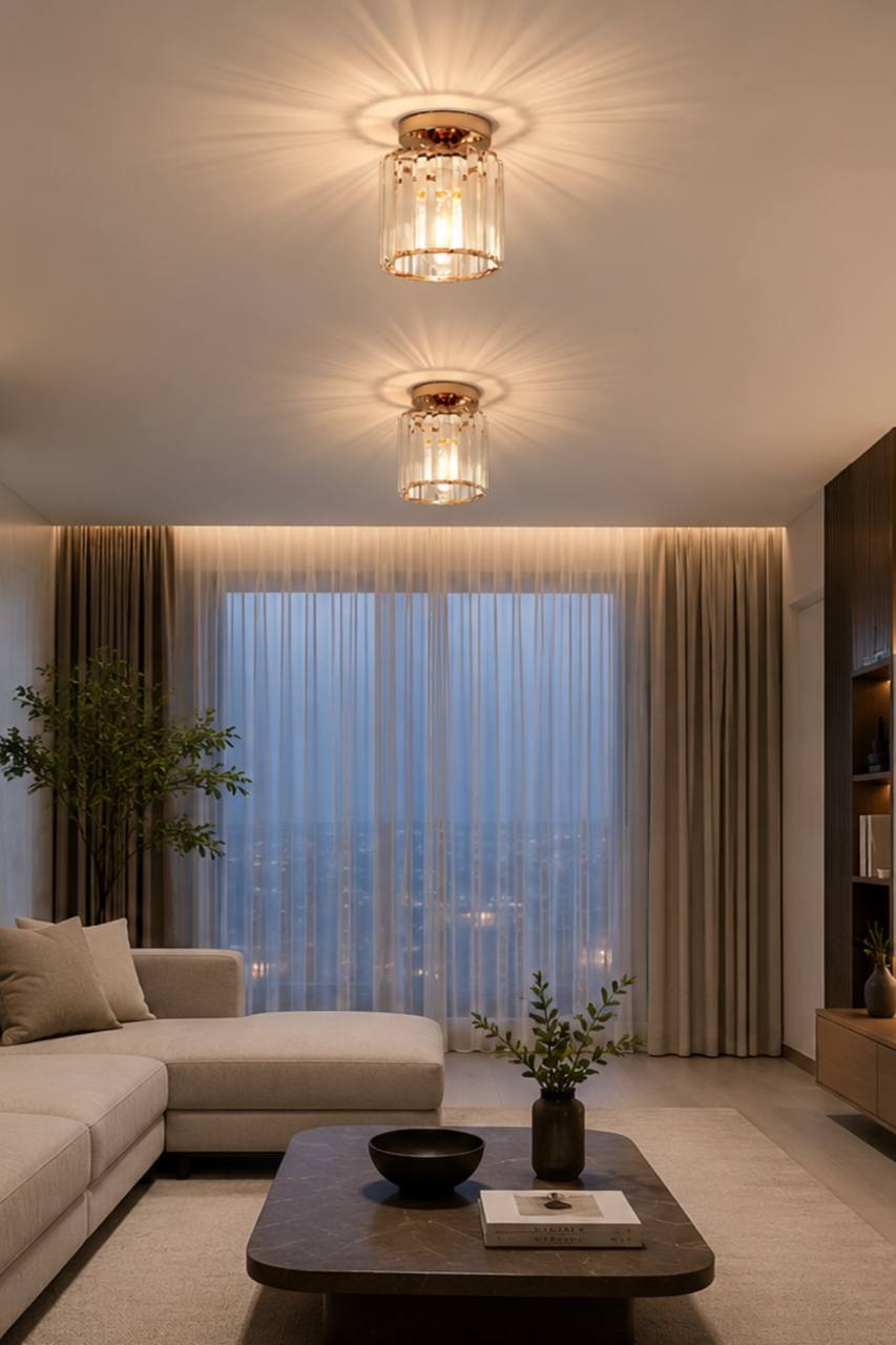Two modern semi-flush mount ceiling lights with clear glass shades and warm brass fixtures, emitting a soft starburst glow in a contemporary living room setting.