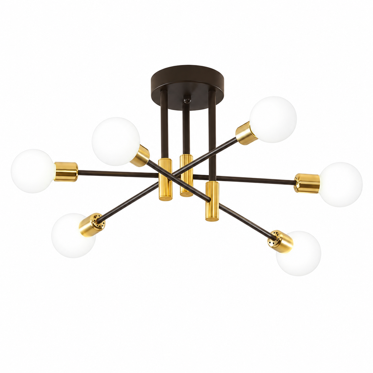A modern multi-arm sputnik chandelier light fixture with a dark bronze central canopy and rods, polished gold-finished joints, and six white spherical glass shades, shown against a solid white background.