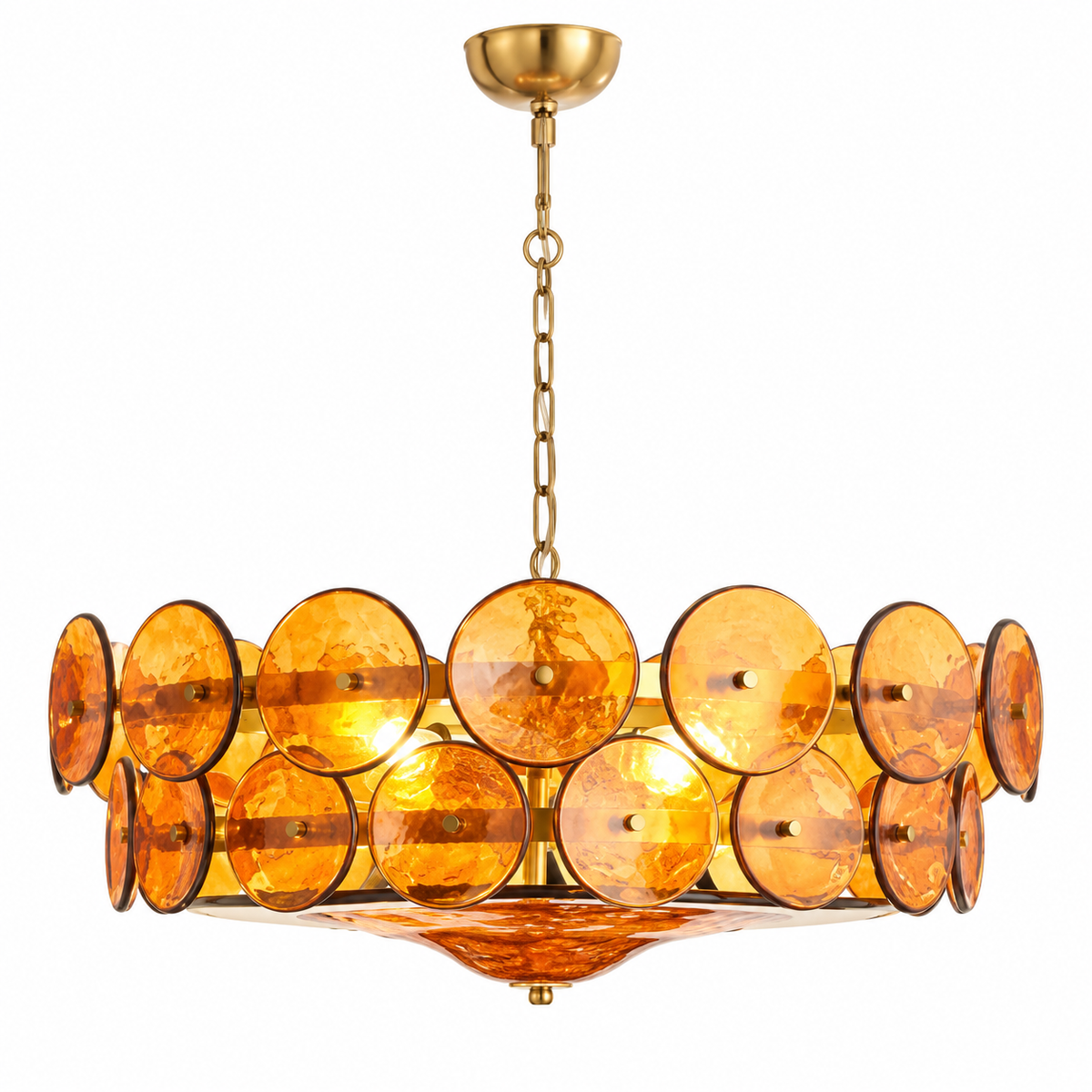 A modern multi-tier chandelier featuring amber-orange translucent glass discs on a polished gold brass frame and canopy, suspended by a gold chain.