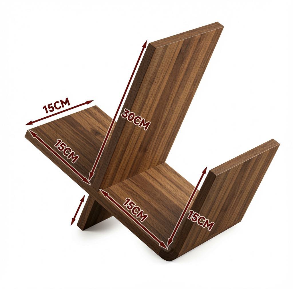 Modern walnut wooden book display shelf with geometric sculptural design organizing books on a contemporary desk