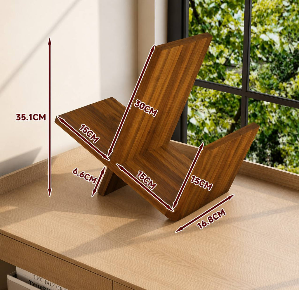 Modern walnut wooden book display shelf with geometric sculptural design organizing books on a contemporary desk
