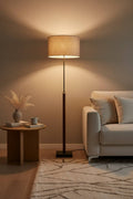 Sculptural Wood Floor Lamp with Black Metal Accents